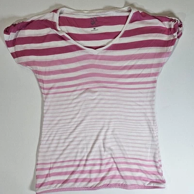 Camisa New York & Company Mujer XS Rosa Blanco Rayas Cuello en V Manga Gorra Rayón Foto 1 de 4