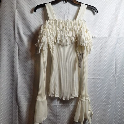 NWT$ KAELYN-MAX Off Shoulder Fringe Crinkle Stretch Top Sz M Ivory Festive Boho - Image 1 of 4