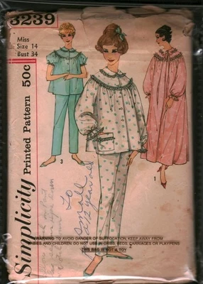 3239 Vintage Simplicity SEWING Pattern Misses 1960s Pajamas Nightgown Top Pants - Image 1 of 2