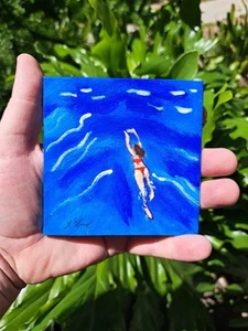 Blue red acrylic & ink "Swimmer In Red" on 4x4 canvas 1/1 Limited Signed - Picture 1 of 6