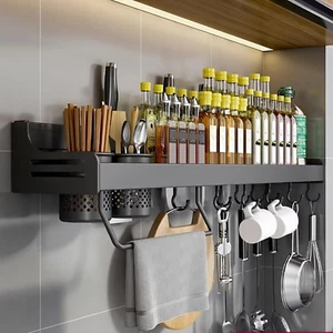 Spice Rack Wall Mount 40cm Black No Drilling Hanging Metal Kitchen Shelf Cabinet - Picture 1 of 12