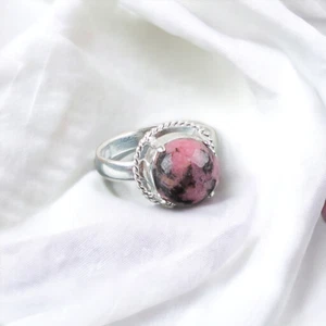 Black Rhodonite Natural Gemstone Ring for Women 925 Sterling Silver Gift - Picture 1 of 6
