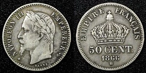FRANCE Napoleon III Silver 1866 BB 50 Centimes Strasbourg KM# 814.2 (25 508) - Picture 1 of 3