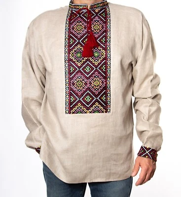 VYSHYVANKA for men Beige hand satin-stitch Embroidered Linen SHIRT Ukrainian - Image 1 of 4