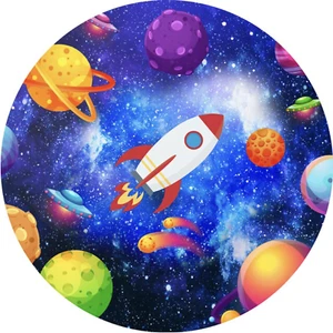SPACE GALAXY ROCKET ALIEN PLANETS STARS PARTY ROUND BIRTHDAY BANNER BACKDROP - Picture 1 of 2