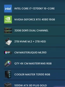 Intel Core i7-13700kf 16 Core NVIDIA GeForce RTX 4080 16 GB 2TB NVME M.2 + 2 TB - Picture 1 of 11