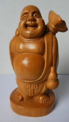 "Figura china de 3,75"" de escultura de Buda riendo de madera tallada" Foto 1 de 4