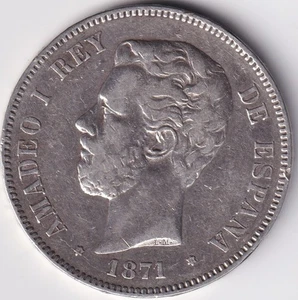 ESPAÑA MONEDA 5 PESETAS AMADEO I 1871 * 18 * 74 DEM - Bild 1 von 2
