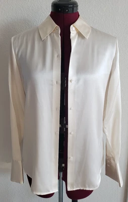 ALFANI 100% Silk Ivory Blouse Collared Neck Button Up Long Sleeve Size 4 - Image 1 of 4