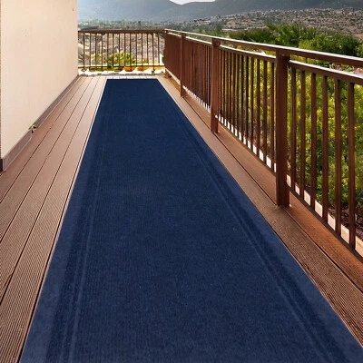 Anti Slip Low Profile Lightweight Striped Blue Design Outdoor Runner Rug - Image 1 of 4