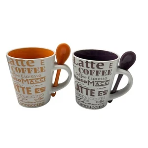 Set Of 2 Ceramic Coffee Mugs With Spoons - Latte Cappuccino Design - Picture 1 of 2