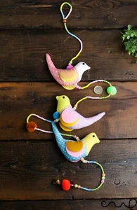 Hand-crafted Hanging 3 Birds Floral Fabric Mobile Decoration Beads Pompom Bell - Picture 1 of 8