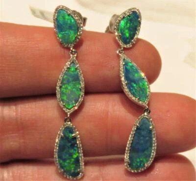 CLEARANCE!NWT $4,500 RARE GORGEOUS 4CT 14KT BLACK OPAL DIAMOND DANGLE EARRINGS! - Image 1 of 3