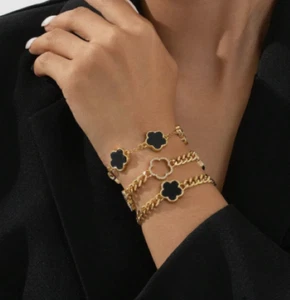 Black Five Leaf Clover Bracelet Set of 3 Gold Chain Bangle Bracelets Lucky - Picture 1 of 8