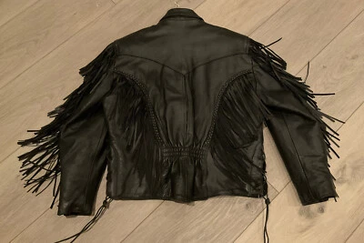Chaqueta de cuero negra vintage para mujer con flecos de Hudson abrigo de motociclista talla L Foto 1 de 4