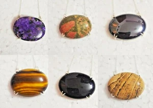 Natural Big Size Gemstones 925 Sterling Silver Pendents With Chain / Gift - Picture 1 of 17
