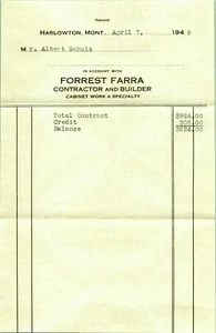 Forrest Farra costruttore appaltatore Harlowton Montana 1948 ricevuta - Foto 1 di 2