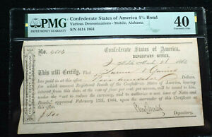 1864 Confederate State Of America Mobile Ala 4% $500.00 Bond Graded PGM XF 40