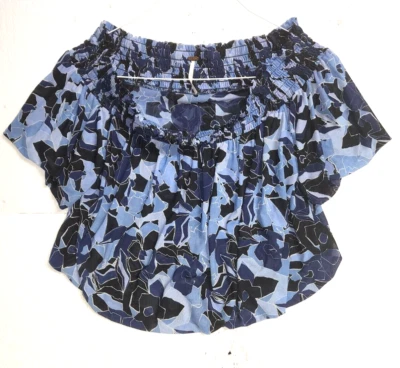 Blusa Free People Top Feminina Pequena Azul Manga Curta Elástica Fora do Ombro - Imagem 1 de 4