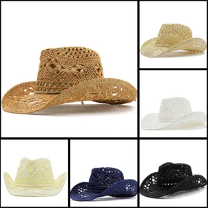Summer Hollow Cowboy Hat Handwoven Natural Straw Breathable Jazz Top Hat - Picture 1 of 23