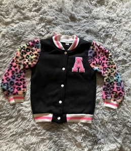 Children’s Varsity Jackey Black And Pink Rainbow Leopard Print Size 6 - Picture 1 of 8