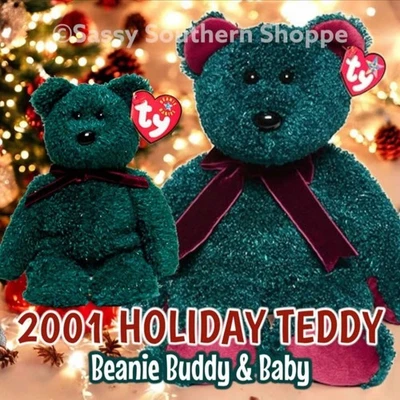❤️ 2001 HOLIDAY TEDDY 💚 Ty Beanie BUDDY & BABY Conjunto de Urso de Natal Verde *MWMT* - Imagem 1 de 4