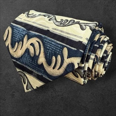 Cellini Linea Uomo 男式领带蓝色金色卷轴丝绸领带意大利制造 3.5X58 — 第 1/4 张图片