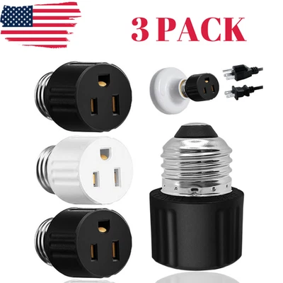 3 Pack E26/E27 Light Socket to Plug Adapter 2/3 Prong Light Bulb Outlet Adapter - Image 1 of 4