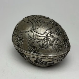 Silver Metal Cloisonne Egg Trinket Box Blue Enameled Floral Interior Decorative - Picture 1 of 10