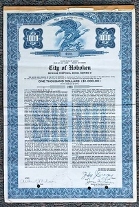 City Of Hoboken Original Stock Certificate 1993 Sewage Disposal Bond $1000 #6181 - Picture 1 of 5