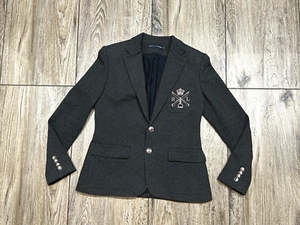Ralph Lauren Women's Gray Blazer Jacket with Embroidered Chest Logo Cotton Sz 10 - Picture 1 of 15