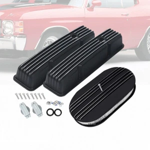 Cubiertas de válvula de aluminio altas retro Fit SBC 283 58-86 con filtro de aire con aletas de 15" negro - Imagen 1 de 8