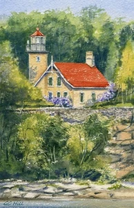 Faro Eagle Bluff, Door County Wisc. Imán nevera 3,25x5". Arte acuarela - Imagen 1 de 3