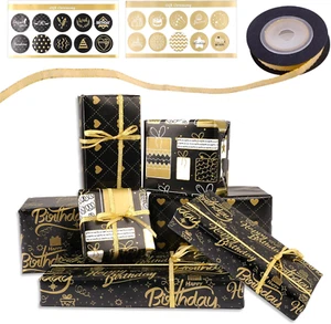 Black Wrapping Paper, Birthday Wrapping Paper Gold, 6 Sheets 70X50Cm Black and G - Picture 1 of 12