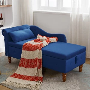 Button Tufted Velvet Chaise Lounge Chair Recliner with Storage Rolled Arm Pillow - Picture 1 of 74