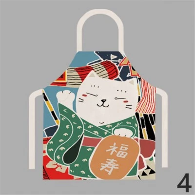 Men Japanese Linen Aprons Oilproof Sleeveless Fortune Cat Household Restaurants - Image 1 of 4