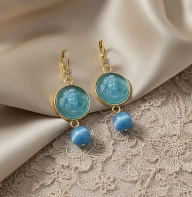 Pendientes Angel Intaglio Museo Dorado De Colección Cara Circonita Art Deco Pelota Boho 3D Azul Foto 1 de 4