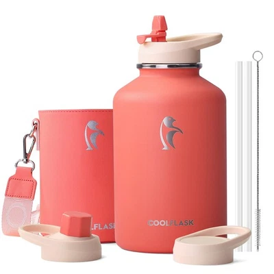 Botella de agua de 64 oz aislada con funda de cuero PU, botella de agua de medio galón... Foto 1 de 4