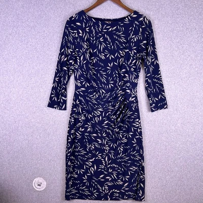 Vestido Lauren Ralph Lauren Para Mujer 8 Azul Marino Blanco Estampado de Hojas Imitación Envoltura Acanalado Fiesta Foto 1 de 4