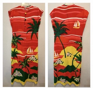 Vintage 60s 70s Terry Cloth Maxi Dress Tiki Resort Wear Vibrant Tropical Print - Picture 1 of 10