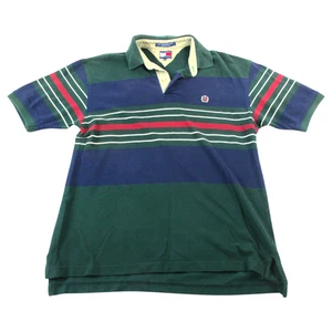Tommy Hilfiger Polo Shirt Mens Large Green Stripe Golf Performance High Low Slit - Picture 1 of 8