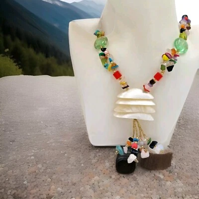 Artisan Hobo Chic Lariat Necklace Mixed Material Quartz Shell Glass Fringe  - Image 1 of 4