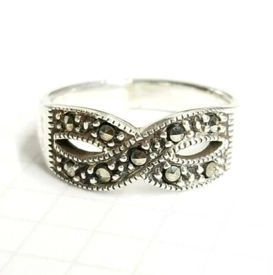 (SIZE 6,7) INFINITY SYMBOL RING Marcasite Stones .925 STERLING SILVER - Image 1 of 4