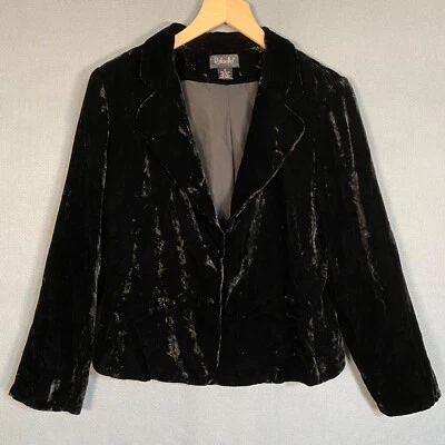 复古 Rafaella 女式黑色天鹅绒西装外套 14 码丝绸混纺巫婆垃圾哥特 — 第 1/4 张图片