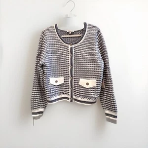 NEW Nanette Lepore Cardigan Womens Large Navy cream Cozy Boucle Tweed - Picture 1 of 7