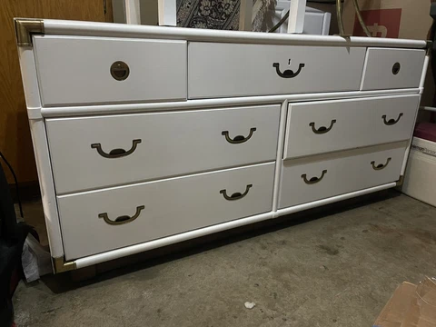 Large MCM White Lacquer Solid Walnut Campaign Dresser with Brass Hardware! Cover