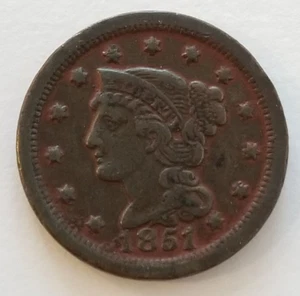 1851 Braided Hair Large Cent ANACS VF 25 - Picture 1 of 5