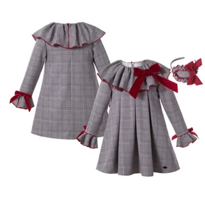 2-8Y Girls Gray Tartan Dress Red Bow Check Plaid Ruffle Collar Dress w/ Headband - Picture 1 of 12