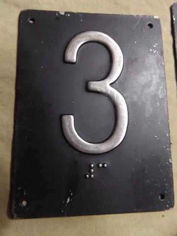 Vintage House Hotel Room Black Painted Metal Embossed Number 3 with Braille 3x4" Cover