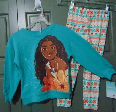 女孩尺寸 4 MOANA 2 迪士尼蓝绿色羊毛上衣和紧身裤全新带标签 — 第 1/4 张图片